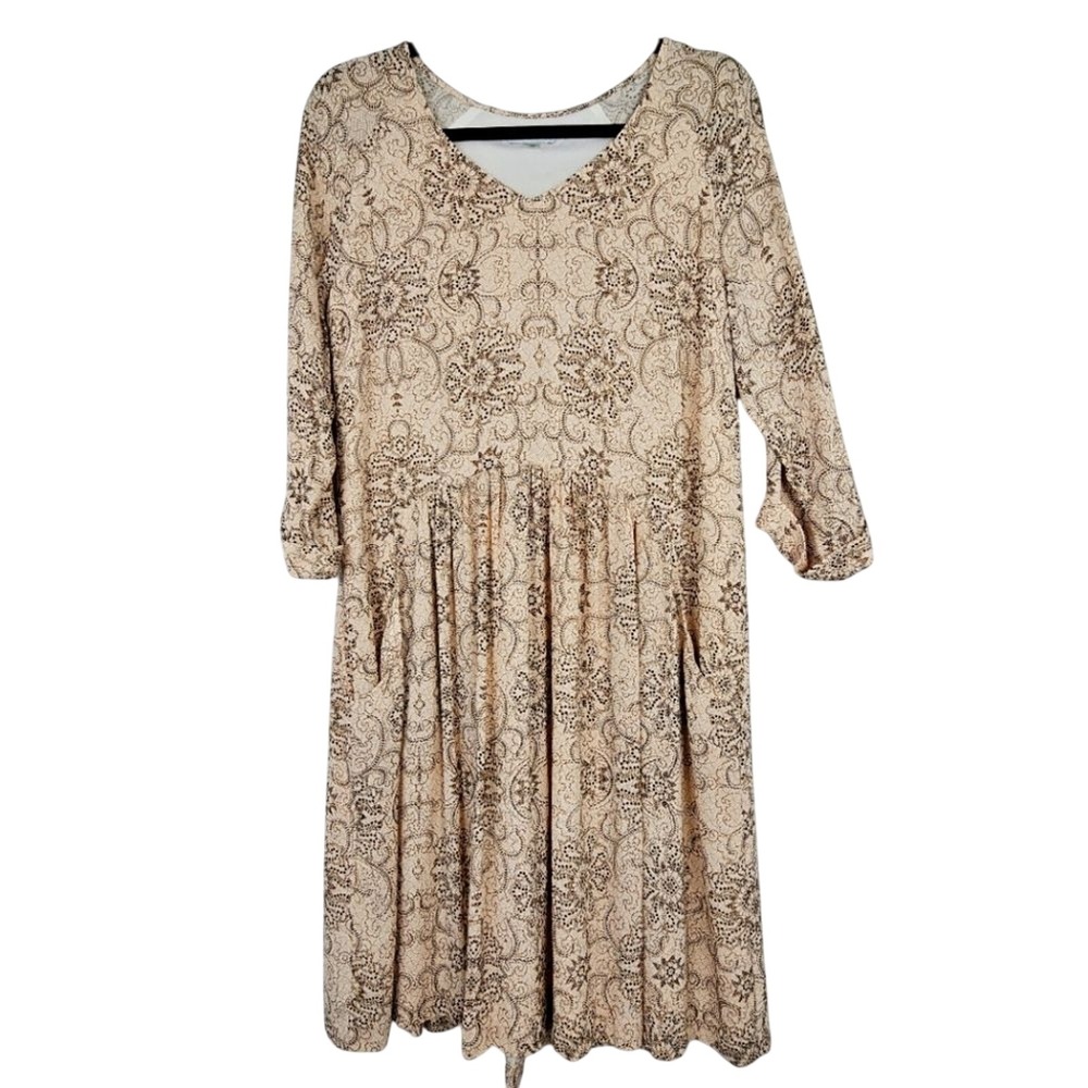 Garnet‎ Hill Midi Dress with Pockets Brown and Tan Patterned V-Neck Lined Size 8